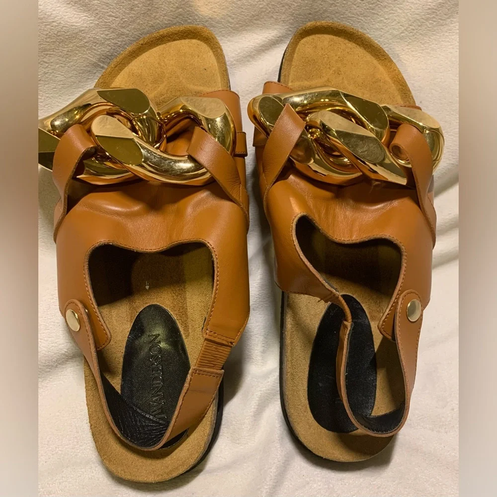 JW ANDERSON Cognac Brown Leather Chain Link Slingback Sandals size 12 NWOB - Picture 12 of 16